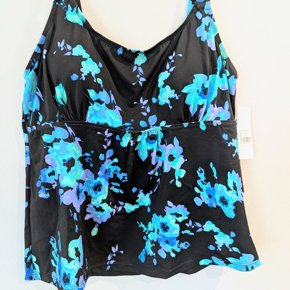 FULLFITALL Nwt Flared Tankini 16 Blue Poppies / Black Flattering Relaxed Fit - Picture 8 of 11